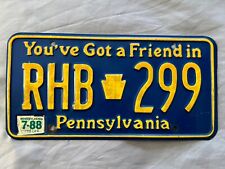 NICE EXPIRED 1988 BLUE/GOLD PENNSYLVANIA CAR AUTO LICENSE PLATE RHB 299 FRIEND picture