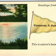 c1930s Canistota, S. Dak. Greetings Natural Beauty Linen Postcard Pennant A69 picture