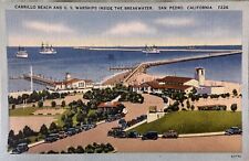 Carrillo Beach Warships, San Pedro, CA~Vintage Linen Postcard. Q078 picture