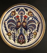 VTG Handmade Decorative 7” Plate Greece Keramikos Blue Roosters Florals Gold picture