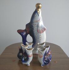 Vintage Soviet Porcelain Fish Decanter Set Cups Polonsky ZHK USSR picture