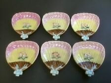 Old Antique Majolica Set of 6 Fans with Flowers and Blue Bows Plates 6.3/8