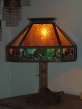 antique old vintage 16 panel SLAG GLASS LAMP scenic windmills cabins trees picture