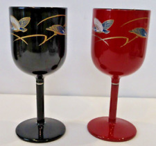 VINTAGE Japanese Hand Painted Black & Red Lacquer Stemmed Wine Glasses - 5.5” picture