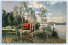 Postcard - Art Swedish Painting Red House on Serene Lake Artist Signed Brandt picture