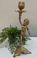 Vtg Ornate Solid Brass Cherub Angel On One Foot Floral Taper Candlestick Holder picture
