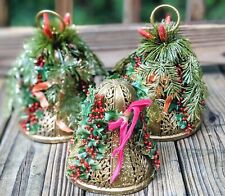 3 Vintage Frankel Christmas Plastic Glitter Bells Poinsettia Ornament Hong Kong  picture