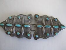 EARLY NATIVE AMERICAN NAVAJO TWO PIECE SILVER BELT BUCKLE W/ 20 TURQUOISE UNIQUE picture