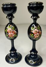Hand painted Ukrainian matching candle holders antique Black Lacquer 8” picture