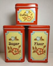 Vintage Set of  3 CHEINCO Metal Tin Kitchen Canisters & Lids Red & Yellow Floral picture