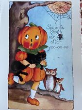 vintage Halloween postcard pumpkin head owl black cat spider reproduced picture