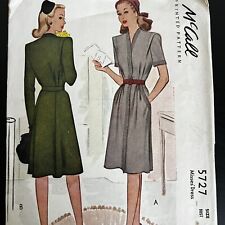 Vintage 1940s McCall 5727 V-Neck Dress Short Long Sleeve Sewing Pattern 14 CUT picture