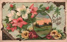 Vintage Postcard A Happy Birthday Wish Landscape Flowers Calligraphic Border picture