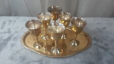 Vintage Silver Lined Brass Mini Chalice Goblet Set of 6 w Hammered Brass Tray picture