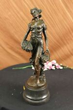 Brown Patina Real Bronze Thanksgiving Harvest Farmer Girl Statue Sculpture Decor picture