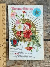 Antique 1910s Birthday Greeting embossed postcard with pink white red carnations picture