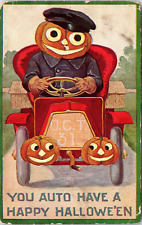 1909 Halloween Postcard - Chauffeur Pumpkin Head - You Auto Have Happy Halloween picture