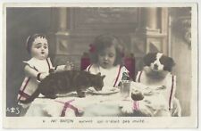 1905 Beautiful Girl, CAT, Dog & Doll Eating at Table - Hand Tinted Real Photo picture