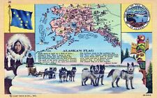 ALASKA AK - Alaska's Flag, Map And Sled Team Postcard picture
