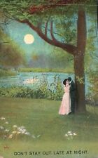 Vintage Postcard Lovers Couple Kissing Near Lake Don't Stay Out Late At Night picture