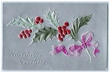 c1910's Christmas Greetings Holly Berries Airbrushed Embossed Antique Postcard picture