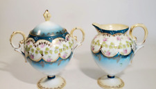 Early RS Prussia Mold 601 Cream Pitcher Sugar Bowl Pink Roses Blue Teal picture