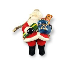 Santa Claus Christmas Ornament Flocked Coat Ceramic Bell with Dangle Legs  picture