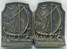 Vintage Pair Viking Sailing Ship Boat Heavy Cast Metal Bookends picture
