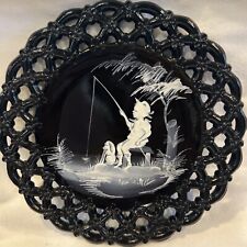 1970s Westmoreland Black Glass Plate Mary Gregory Boy Fishing Lace Edges picture