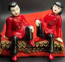 Vintage MCM Chalkware Chinese Seated Asian Souvenir Figurines Art Deco picture