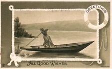 Vtg Postcard All Good Wishes Woman in Boat Posted 1917 DB picture
