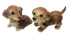 Puppy Dog Porcelain 3-D  Sculpted Dachshund Figure Brown White Set of 2 picture