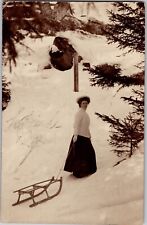 1909 Vintage Real Photo Postcard RPPC Berlin Germany Woman & Sled - Snow picture