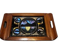Vtg MCM Iridescent Blue Morpho Butterfly Inlaid Wood Glass Serving Tray 50s 60s picture