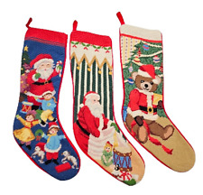 Vintage Needlepoint Stockings Wool And Velvet Lot Of 3 - Santa Bear Christmas picture