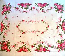Vintage Mid Century MCM Fruit Flowers Cotton Tablecloth Pink Red 51 x 63 Stains picture