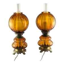 Vintage Pair of Parlor Lamps Amber Optic Glass Globes MCM Hollywood Regency  picture
