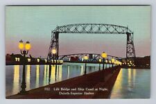 Duluth MN- Minnesota, Lift Bridge And Ship Canal At Night, Vintage Postcard picture