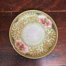 Antique Tea Cup Saucer Hand Painted Green Gold Tone Floral Pink Flowers Round picture