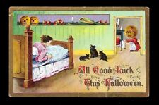 c1909 Halloween Postcard Boy in Bed Black Cats, Pumpkin Head Mom picture