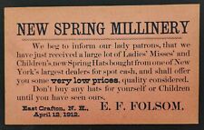 1912 antique NEW SPRING MILLINERY AD east grafton nh E F FOLSON hats postcard picture
