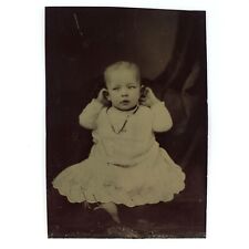 Baby Child Holding Ears Tintype c1870 Antique 1/6 Plate Curtain Kid Photo C3407 picture