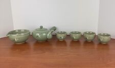 Vintage Korean Crackle Glaze Celadon Tea Pot Set with Crane and Clouds Pattern picture