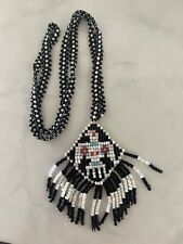 Vtg Seed Beads Necklace Jewelry NATIVE AMERICAN Thunderbird Pendant Fringe picture