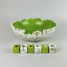 Vintage MCM Green White Speckled Textured Ruffled Bowl & Napkin Rings Set - RARE picture