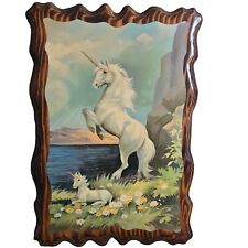 Unicorn Pegasus lacquered Wood Wall Plaque Decoupage 70's 80's Vintage 24