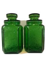 Pair of 9.5” Vintage NJ Wheaton Green Double Sided Apothecary Jars & Lids picture