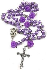 Purple Pearl Beads Rosary Necklace Beaded  Medal & Cross picture