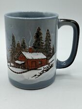 Vintage Otagiri Japan Ceramic Coffee Mug Snowy Winter Forest Trees Cabin Scene picture