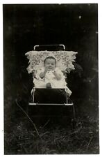 RPPC Edwardian baby locket stroller floral pillow outside real photo postcard picture